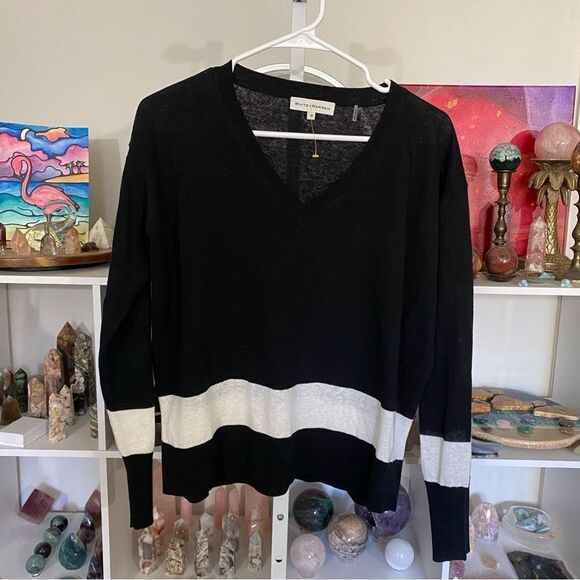 WHITE + WARREN linen blend sweater stripe quiet luxury classic high quality med - Picture 1 of 4